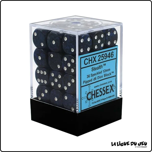 Dés - Chessex - Set de 36 Dés à 6 faces - 12 mm - Speckled - Stealth - Bleu Nuit/Blanc