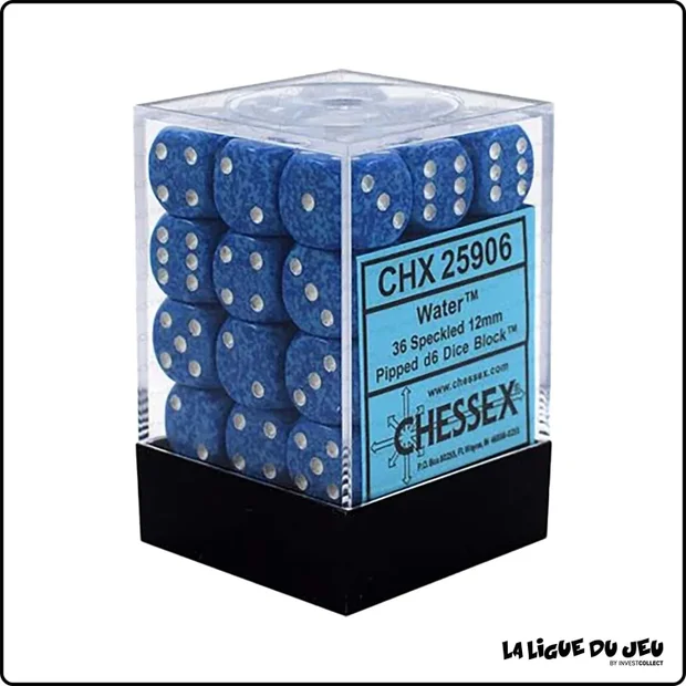 Dés - Chessex - Set de 36 Dés à 6 faces - 12 mm - Speckled - Water - Bleu/Blanc