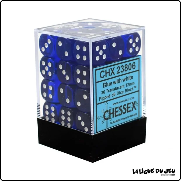 Dés - Chessex - Set de 36 Dés à 6 faces - 12 mm - Translucides - Bleu/Blanc