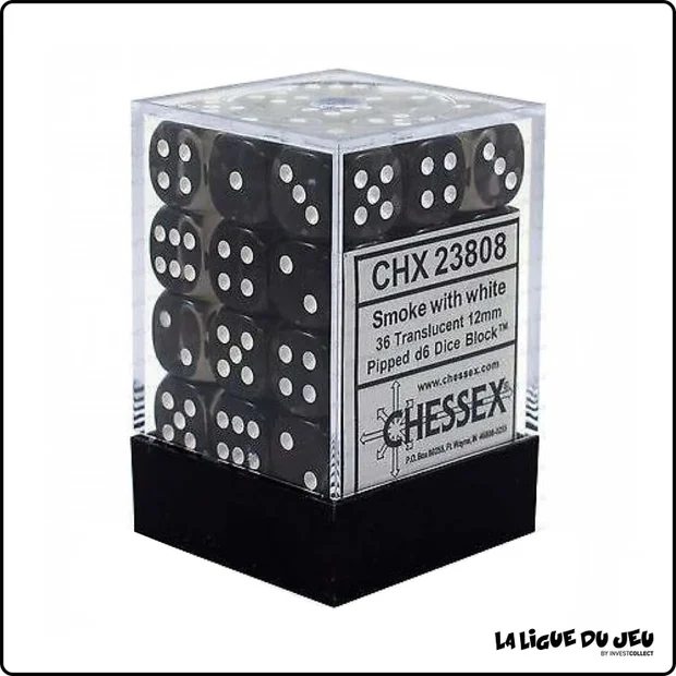 Dés - Chessex - Set de 36 Dés à 6 faces - 12 mm - Translucides - Fumée/Blanc