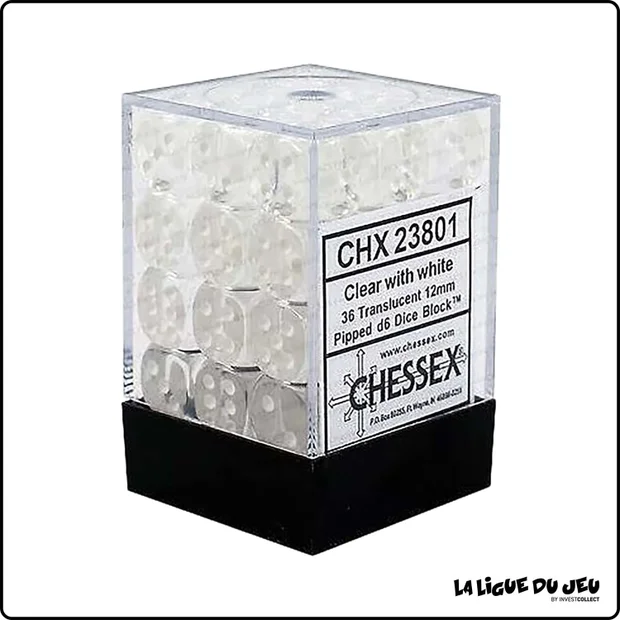 Dés - Chessex - Set de 36 Dés à 6 faces - 12 mm - Translucides - Transparent/Blanc