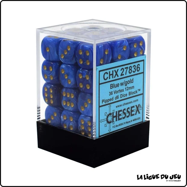Dés - Chessex - Set de 36 Dés à 6 faces - 12 mm - Vortex - Bleu/Or
