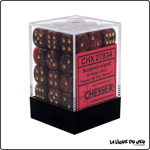 Dés - Chessex - Set de 36 Dés à 6 faces - 12 mm - Vortex - Bordeaux/Or