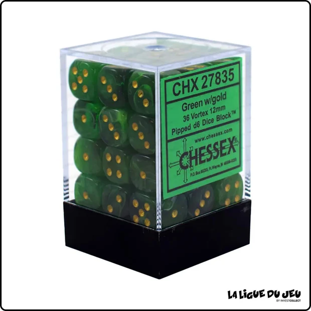 Dés - Chessex - Set de 36 Dés à 6 faces - 12 mm - Vortex - Vert/Or