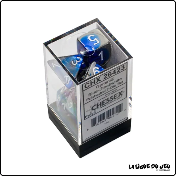 Dés - Chessex - Set de 7 dés - Gemini - Bleu-Acier/Blanc